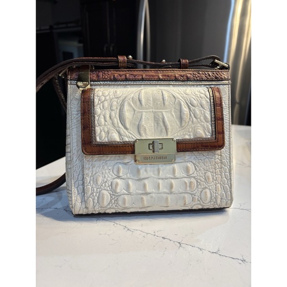 Brahmin Cream lvory White Purse Leather Croc Embossed Crossbody HandBag - Picture 1 of 9